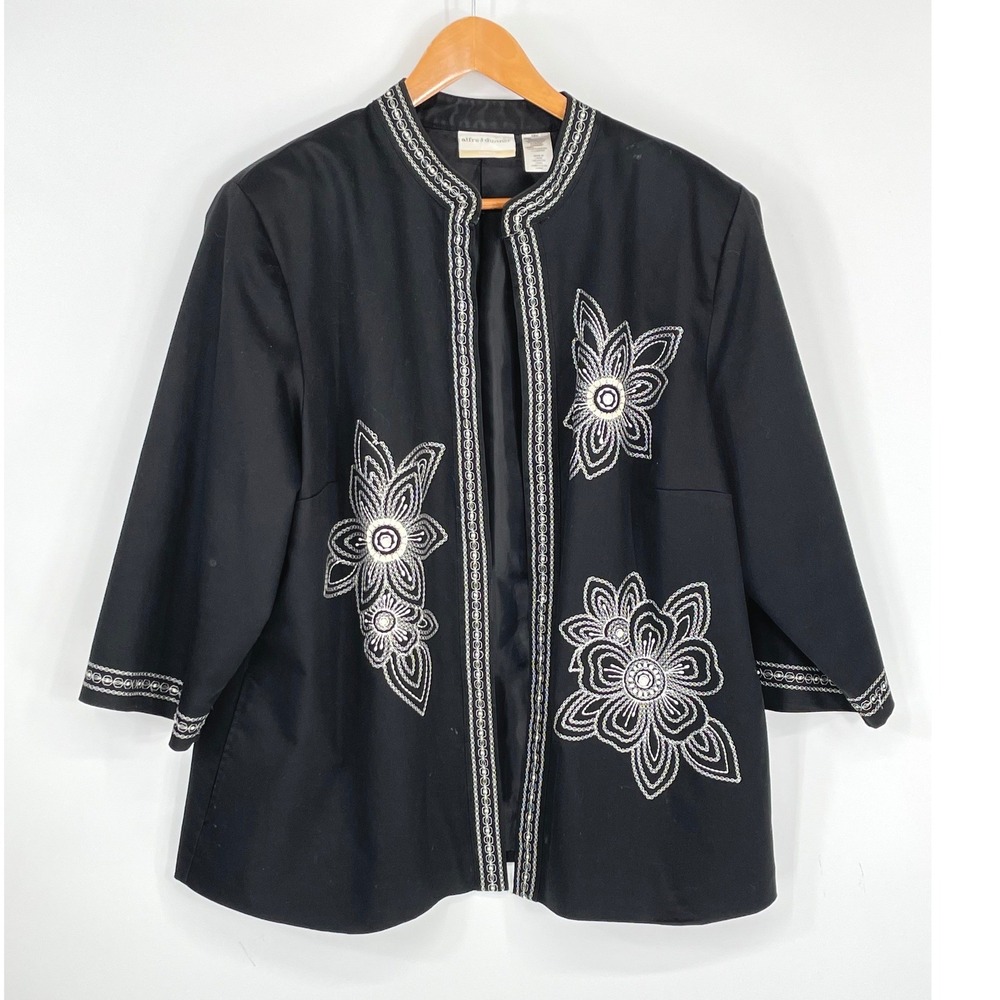 Alfred Dunner Women Jacket 18W‎ Open Front Black Floral Embroidered Trim